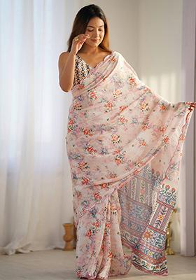 Cream Floral Print Chinon Sarees