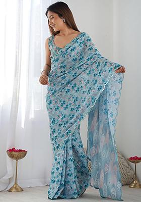 Sky Blue Digital Print Chinon Sarees