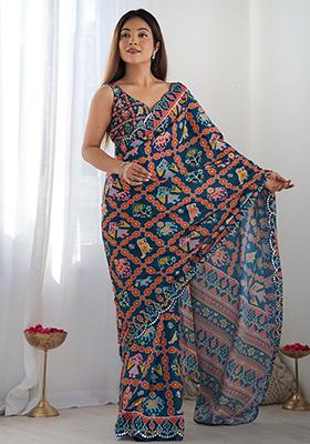 Navy Blue Digital Print Chinon Sarees