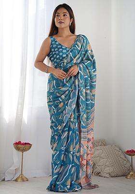 Blue Digital Print Chinon Sarees