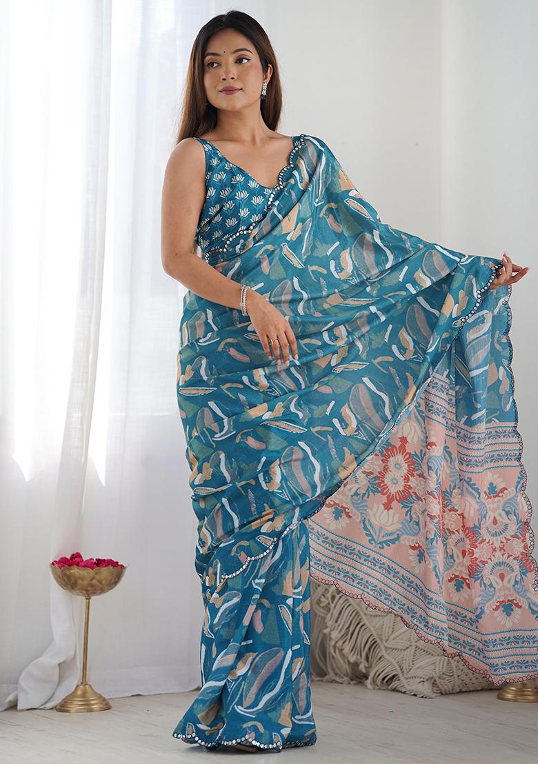 Blue Digital Print Chinon Sarees