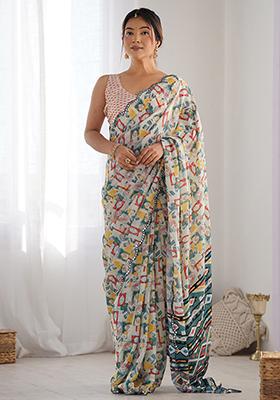 Off White Digital Print Chinon Sarees