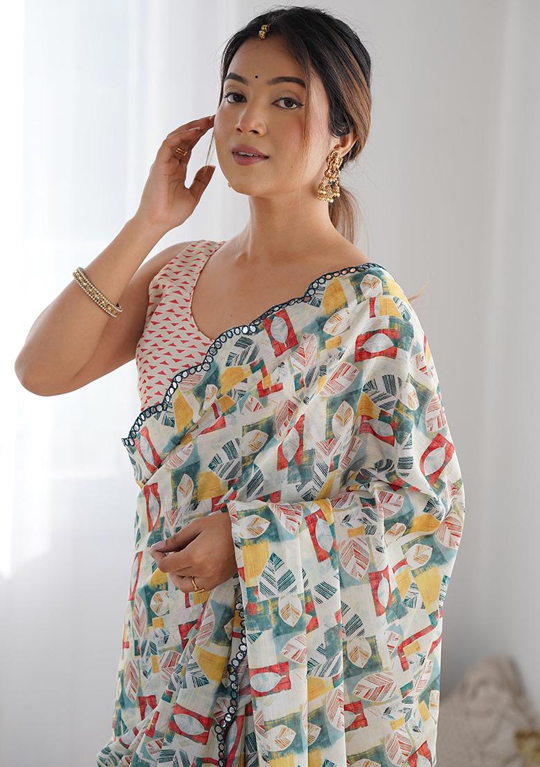 Off White Digital Print Chinon Sarees