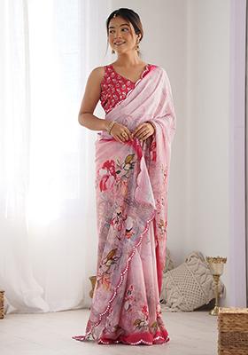 Pink Floral Print Chinon Sarees