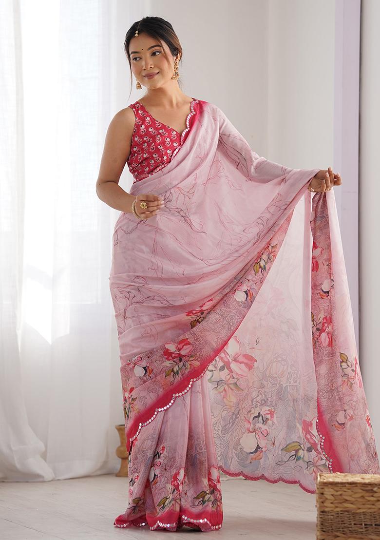 Pink Floral Print Chinon Sarees