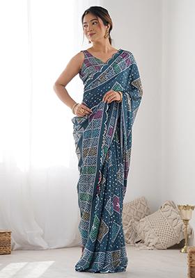 Blue Digital Print Chinon Sarees