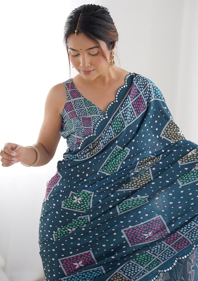 Blue Digital Print Chinon Sarees