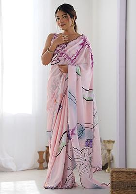 Pink Digital Print Chinon Sarees