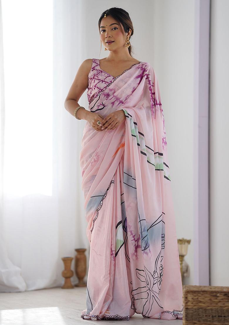 Pink Digital Print Chinon Sarees