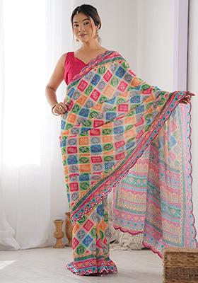 Multicolour Digital Print Chinon Sarees