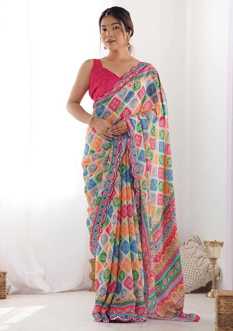 Multicolour Digital Print Chinon Sarees