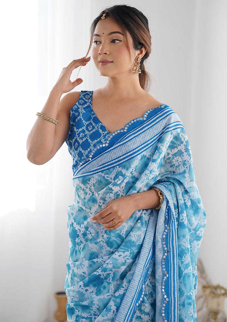 Blue Digital Print Chinon Sarees