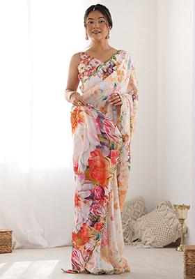 Multicolour Floral Print Chinon Sarees