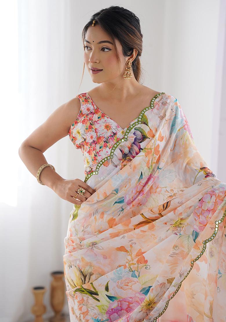 Multicolour Floral Print Chinon Sarees