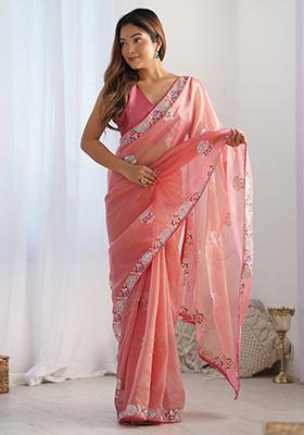 Peach Embroidered Net Sarees