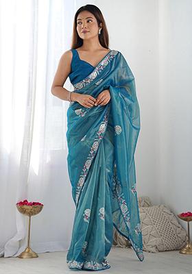 Blue Sequin Embroidered Net Sarees