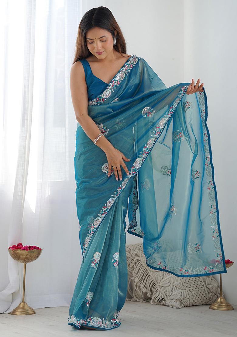 Blue Sequin Embroidered Net Sarees