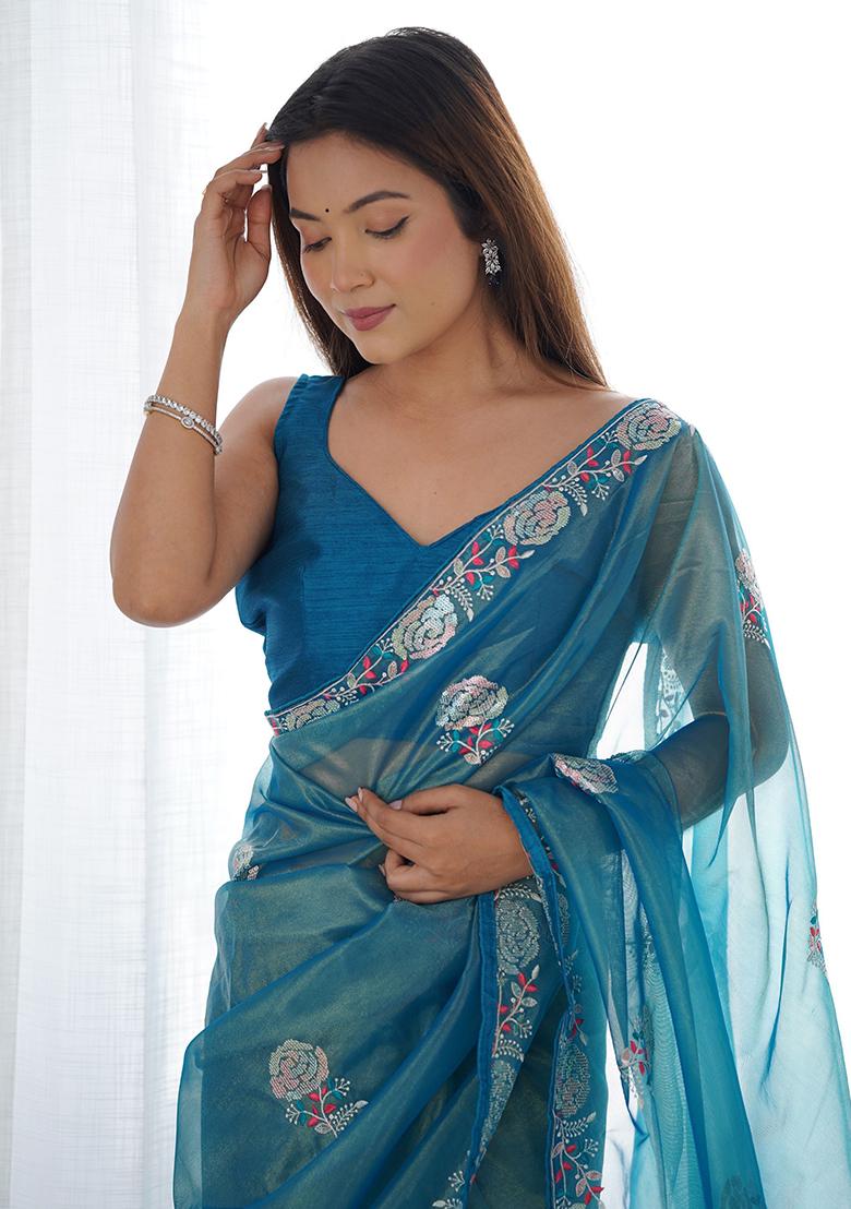 Blue Sequin Embroidered Net Sarees