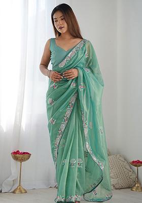 Green Sequin Embroidered Net Sarees