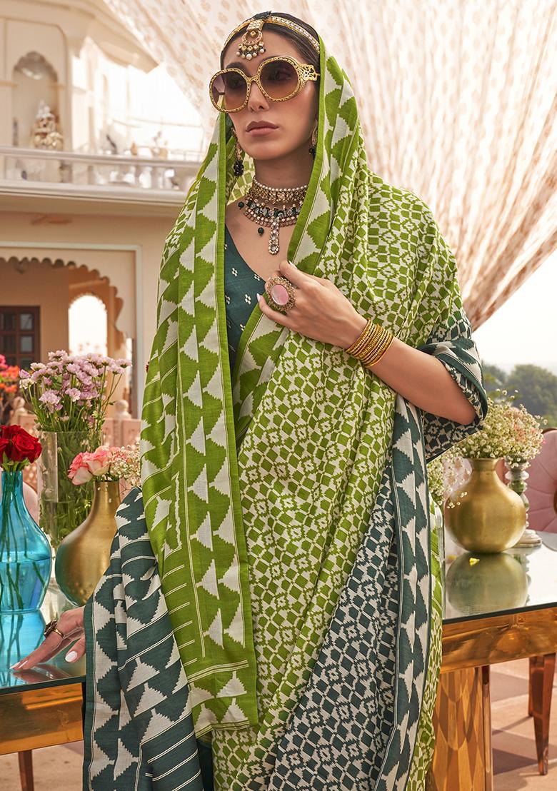 Green Digital Print Silk Sarees