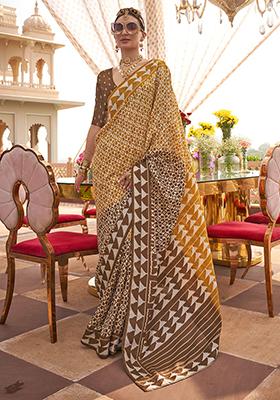 Yellow Digital Print Silk Sarees