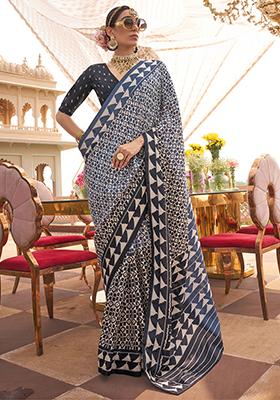 Navy Blue Digital Print Silk Sarees