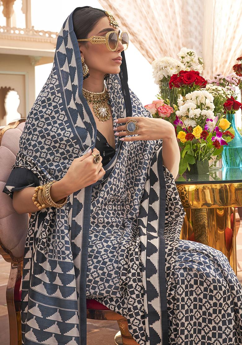 Navy Blue Digital Print Silk Sarees