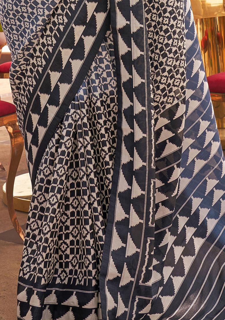 Navy Blue Digital Print Silk Sarees