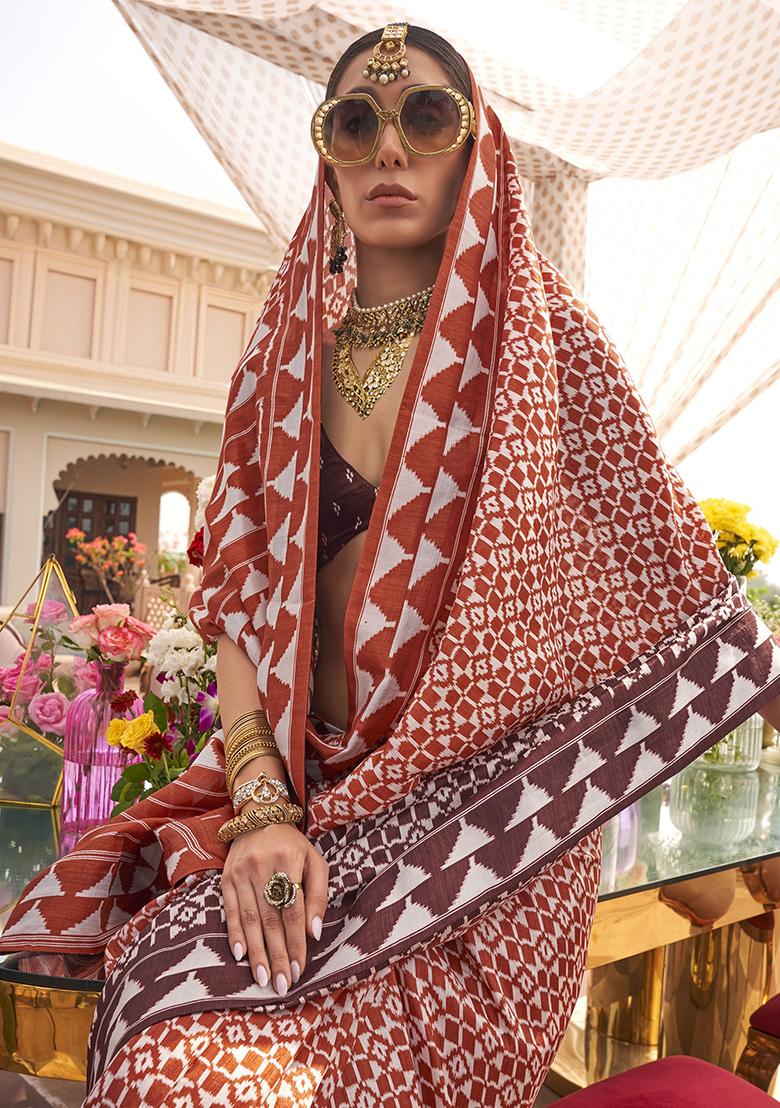 Brown Digital Print Silk Sarees