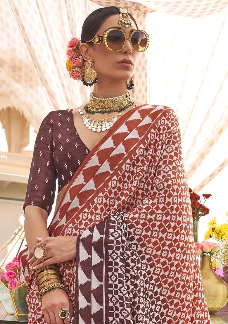 Brown Digital Print Silk Sarees