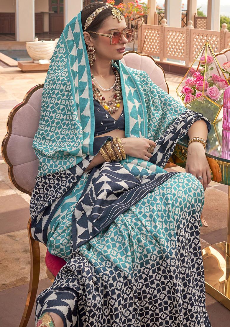 Sky Blue Digital Print Silk Sarees