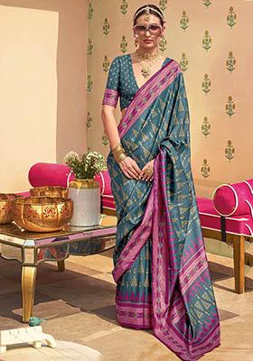 Blue Digital Print Silk Sarees