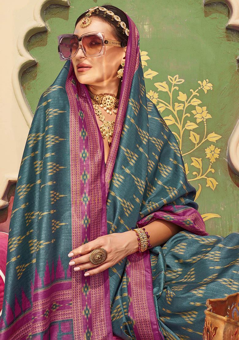 Blue Digital Print Silk Sarees