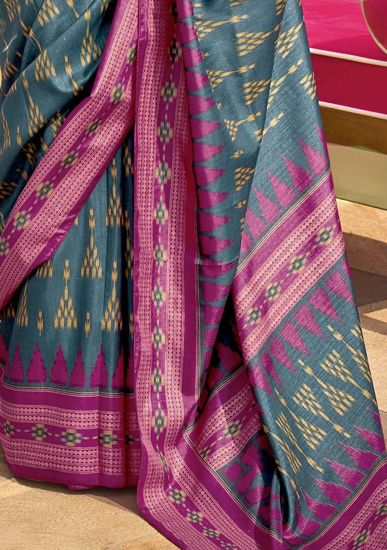 Blue Digital Print Silk Sarees