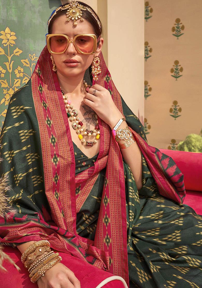 Green Digital Print Silk Sarees