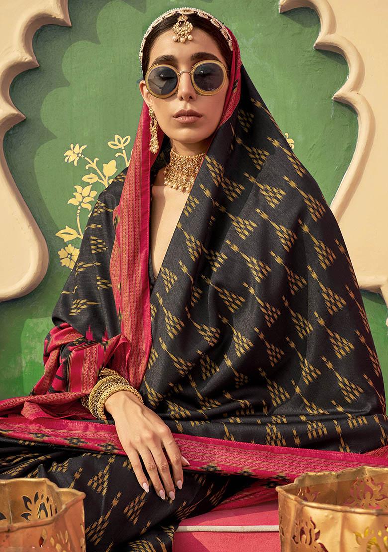 Black Digital Print Silk Sarees