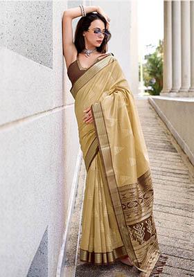 Cream Zari Weaving Silk Sarees
