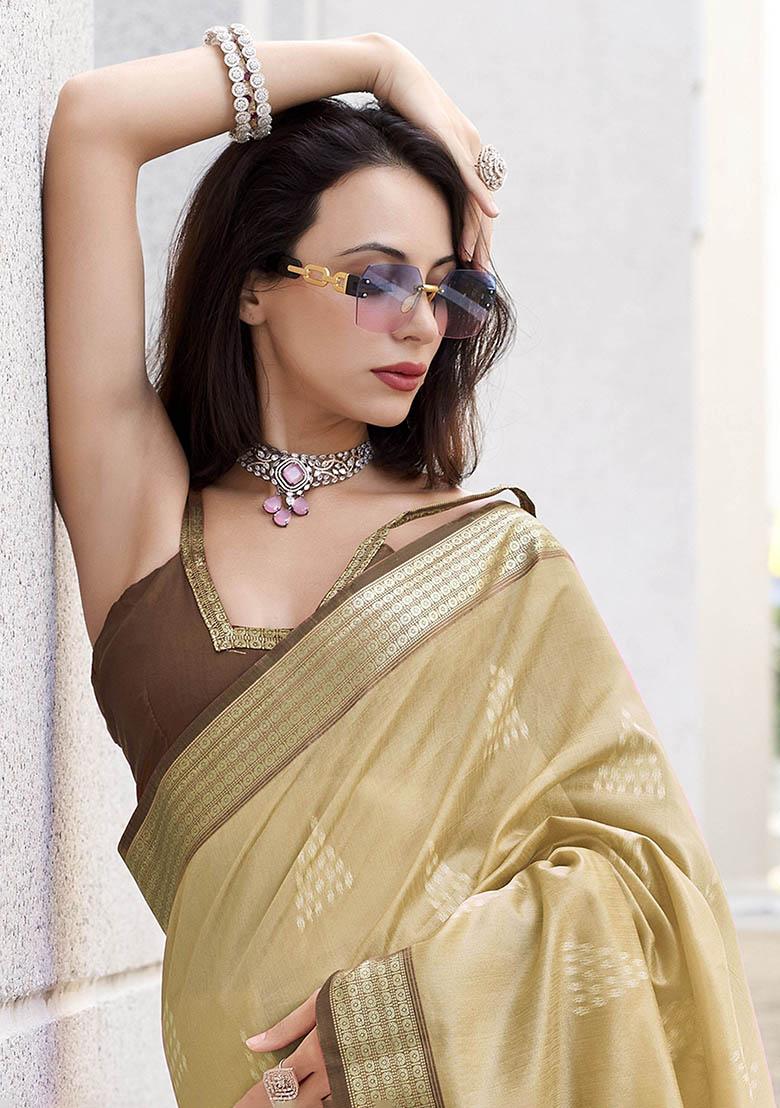 Cream Zari Weaving Silk Sarees