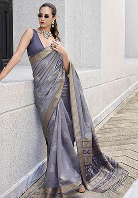 Grey Zari Weaving Silk Sarees