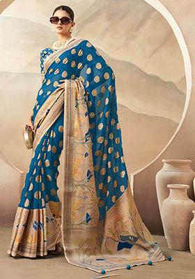 Blue Zari Weaving Georgette Sarees