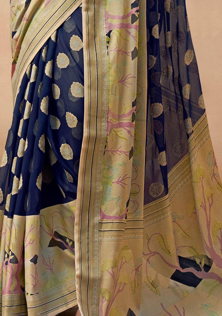 Navy Blue Zari Weaving Georgette Sarees