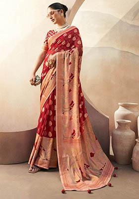 Red Zari Weaving Georgette Sarees