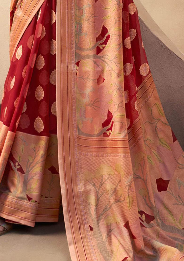 Red Zari Weaving Georgette Sarees