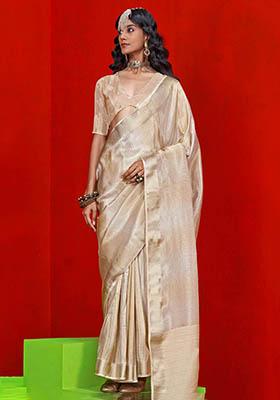 Cream Zari Weaving Silk Sarees