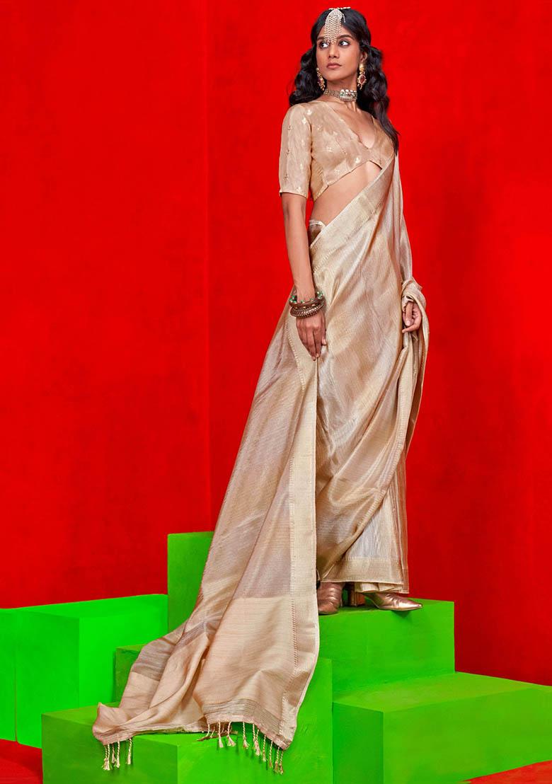 Cream Zari Weaving Silk Sarees