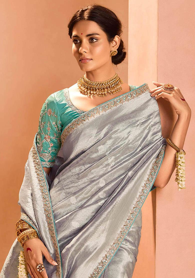 Grey Zari Weaving Silk Sarees