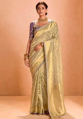 Cream Zari Weaving Silk Sarees