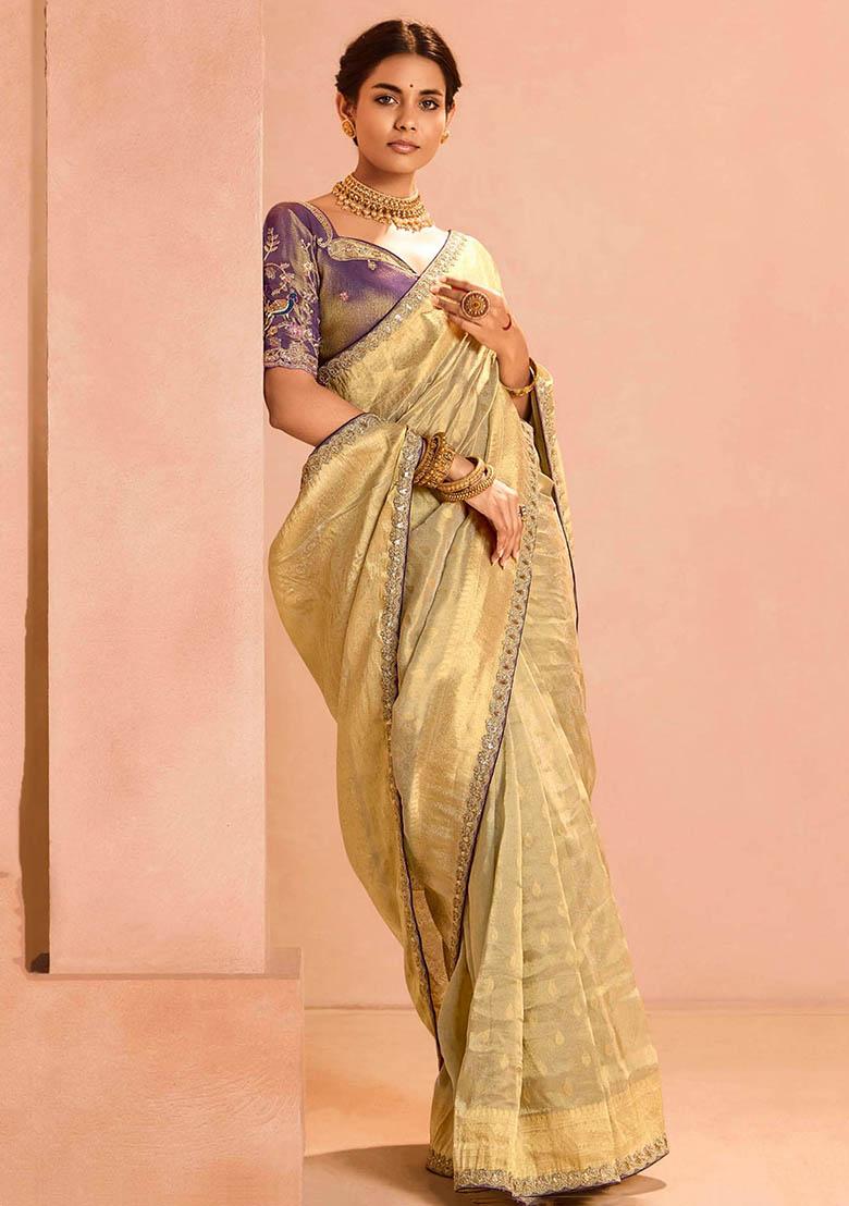 Cream Zari Weaving Silk Sarees