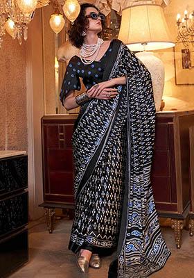 Black Digital Print Satin Sarees