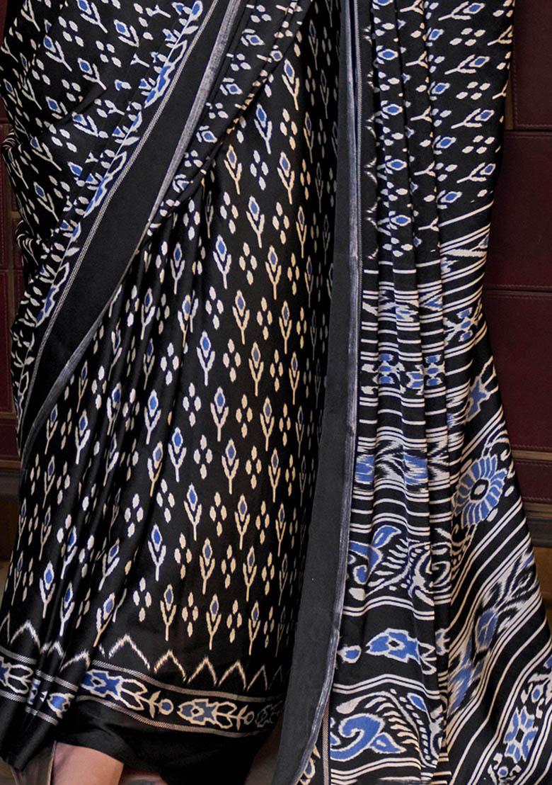 Black Digital Print Satin Sarees